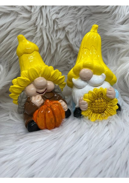Balkabak - Ayçiçekli Cüce Gnome Biblo El Boyaması 2'li (16CM) modelleri