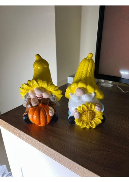 Balkabak - Ayçiçekli Cüce Gnome Biblo El Boyaması 2'li (16CM)