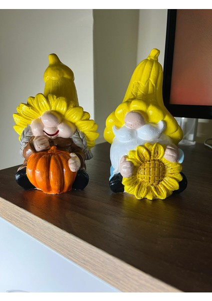 Balkabak - Ayçiçekli Cüce Gnome Biblo El Boyaması 2'li (16CM)