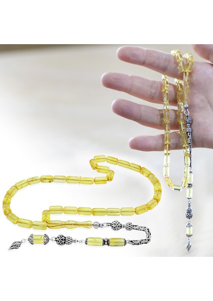 925 Ayar Gümüş Kral Zincir Püsküllü Kapsül Kesim Ihlamur Sarı Doğal Damla Kehribar Tesbih fiyatları