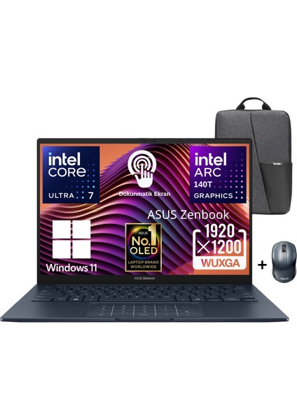 Zenbook 14 UX3405CA-QL286W Intel Core Ultra 7 255H 16GB 2tb SSD 14" OLED (Dokunmatik Ekran) Widows 11 Home Taşınabilir Bilgisayar - Asus Çanta/mouse Wz9