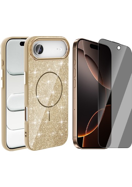 iPhone 17 Air Kılıf M-Safe Şarj Özellikli Parlayan Simli Zore Okso Kapak + Hayalet Ekran Koruyucu