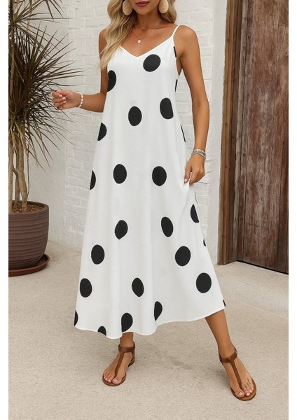 Kadın Ip Askılı Geniş V Yakalı Desenli Süprem Elbise