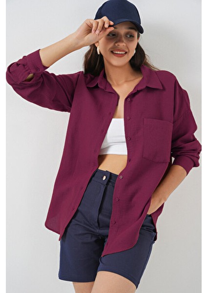 20153 Tek Cepli Oversize Keten Gömlek - Mürdüm