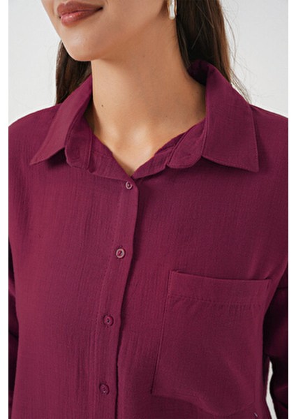 20153 Tek Cepli Oversize Keten Gömlek - Mürdüm fiyatları