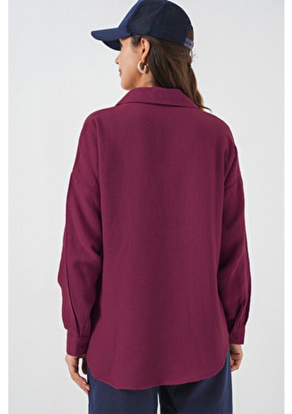 20153 Tek Cepli Oversize Keten Gömlek - Mürdüm modelleri