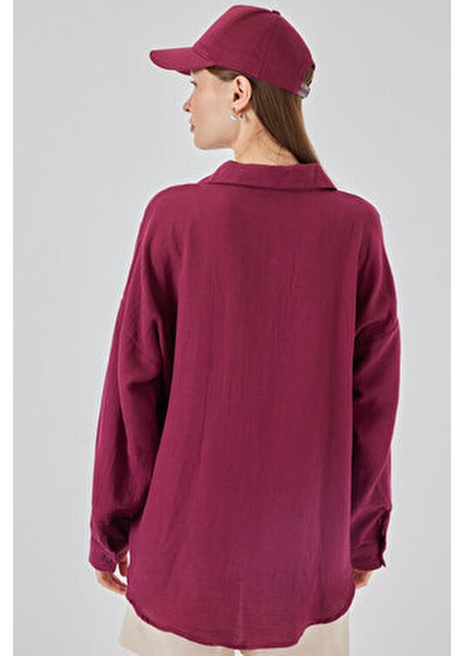 20153 Tek Cepli Oversize Keten Gömlek - Mürdüm indirimleri