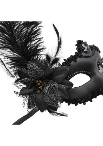 Siyah Mat Renk Yandan Tüylü Güllü Parti Balo Venedik Maskesi 16X22 fırsatları
