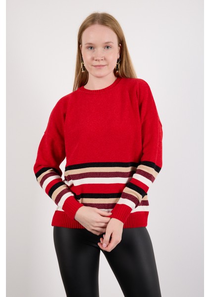 Kadın Kırmızı Çizgili Bisiklet Yaka Şönil Kadife Triko Kazak