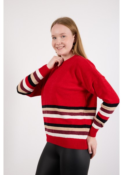 Kadın Kırmızı Çizgili Bisiklet Yaka Şönil Kadife Triko Kazak fiyatları