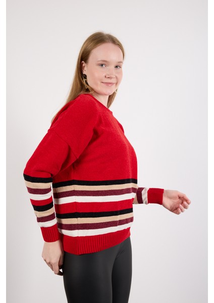 Kadın Kırmızı Çizgili Bisiklet Yaka Şönil Kadife Triko Kazak modelleri
