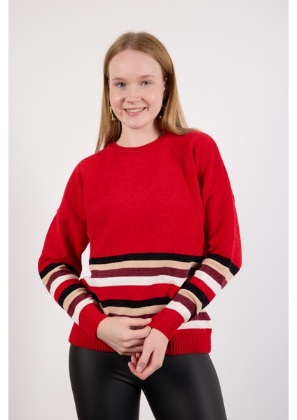 Kadın Kırmızı Çizgili Bisiklet Yaka Şönil Kadife Triko Kazak fırsatları