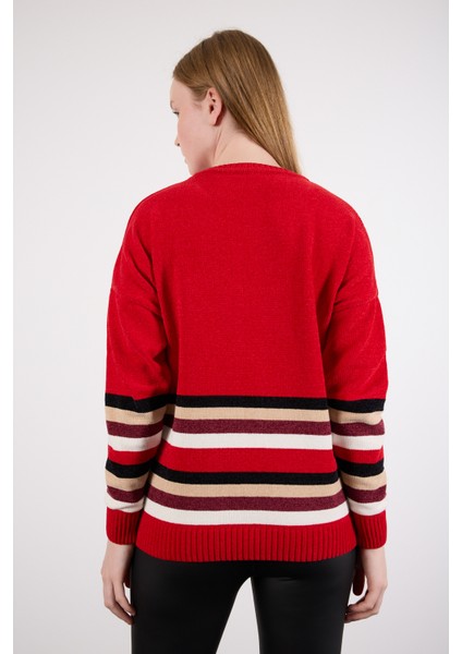 Kadın Kırmızı Çizgili Bisiklet Yaka Şönil Kadife Triko Kazak indirimleri