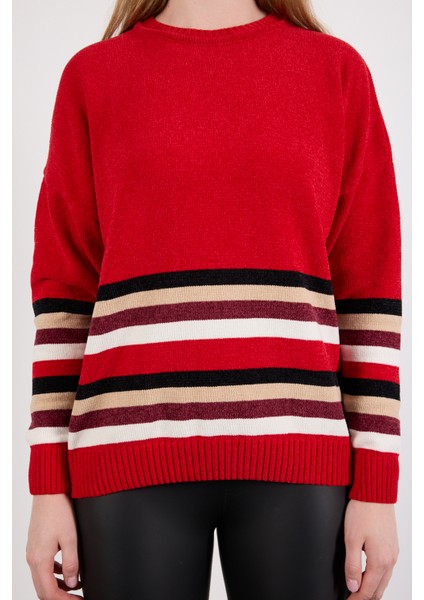 Kadın Kırmızı Çizgili Bisiklet Yaka Şönil Kadife Triko Kazak