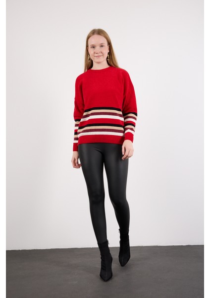 Kadın Kırmızı Çizgili Bisiklet Yaka Şönil Kadife Triko Kazak