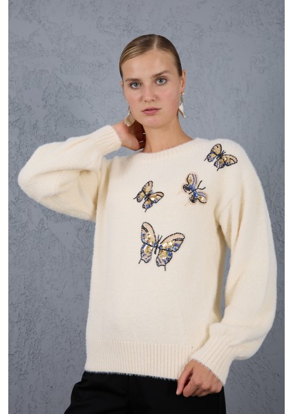 Kadın Ekru Sakal Iplik Önü Boncuk Nakışlı Balon Kollu Bisiklet Yaka Triko Kazak fiyatları