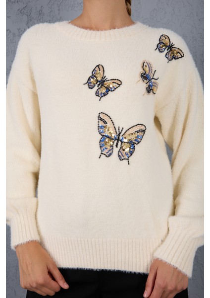 Kadın Ekru Sakal Iplik Önü Boncuk Nakışlı Balon Kollu Bisiklet Yaka Triko Kazak fırsatları