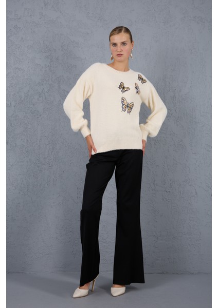 Kadın Ekru Sakal Iplik Önü Boncuk Nakışlı Balon Kollu Bisiklet Yaka Triko Kazak indirimleri