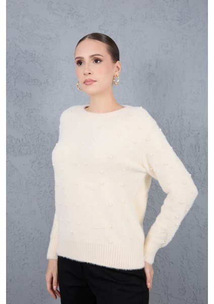 Kadın Ekru Sakal Iplik Inci Detaylı Bisiklet Yaka Triko Kazak