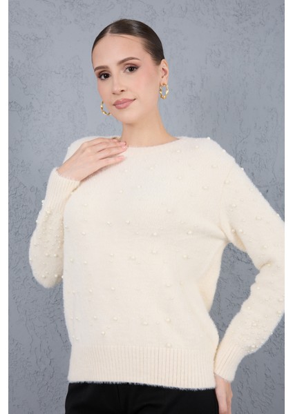 Kadın Ekru Sakal Iplik Inci Detaylı Bisiklet Yaka Triko Kazak fiyatları