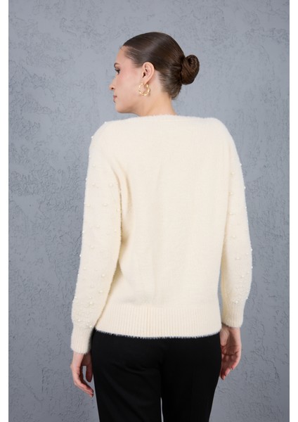 Kadın Ekru Sakal Iplik Inci Detaylı Bisiklet Yaka Triko Kazak fırsatları