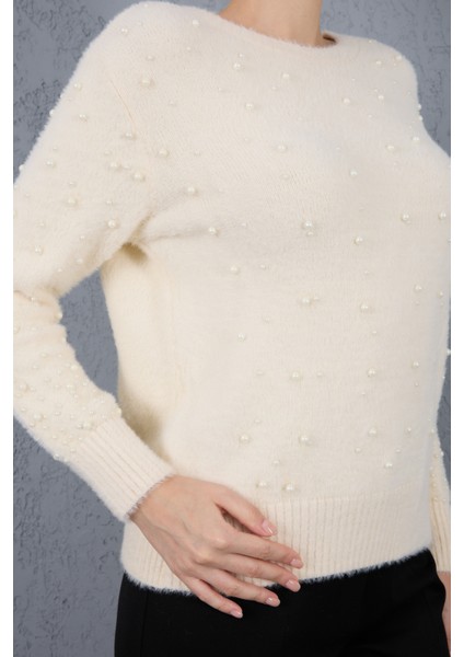 Kadın Ekru Sakal Iplik Inci Detaylı Bisiklet Yaka Triko Kazak indirimleri