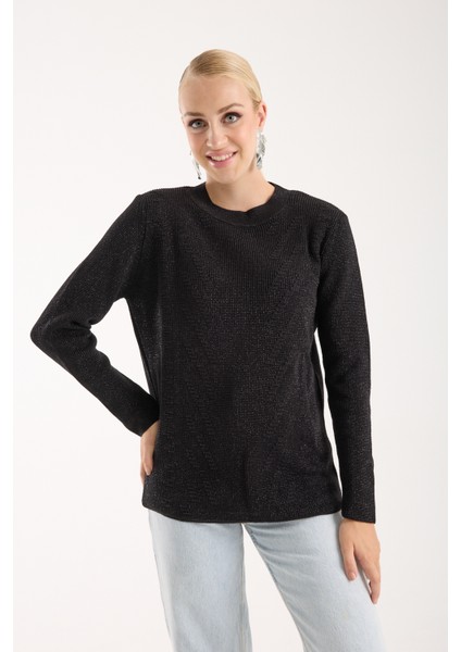 Kadın Siyah Selanik Örgü Bisiklet Yaka Simli Triko Kazak