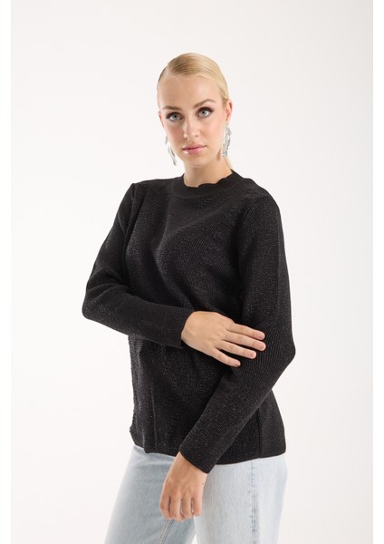 Kadın Siyah Selanik Örgü Bisiklet Yaka Simli Triko Kazak fiyatları