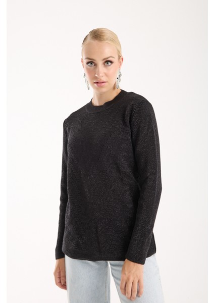 Kadın Siyah Selanik Örgü Bisiklet Yaka Simli Triko Kazak modelleri