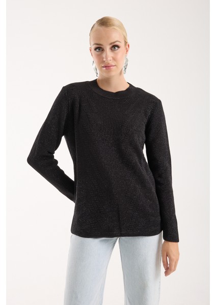 Kadın Siyah Selanik Örgü Bisiklet Yaka Simli Triko Kazak indirimleri