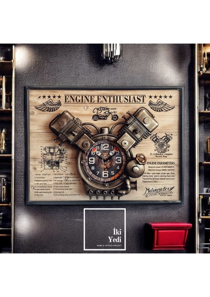 Motor Blok Tasarımlı Duvar Saati, Retro Piston Saat, Endüstriyel Garage Dekor Erkek Odası Hediyesi