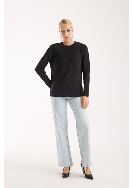 Kadın Siyah Selanik Örgü Bisiklet Yaka Simli Triko Kazak