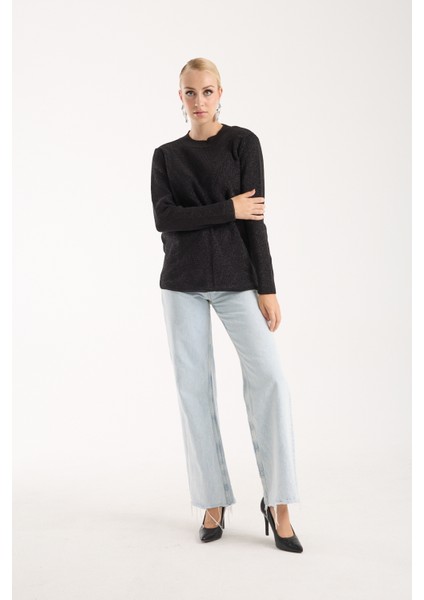 Kadın Siyah Selanik Örgü Bisiklet Yaka Simli Triko Kazak