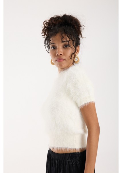 Kadın Ekru Sakal Iplik Kısa Kollu Bisiklet Yaka Triko Kazak fiyatları