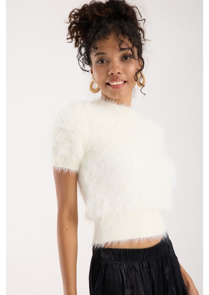 Kadın Ekru Sakal Iplik Kısa Kollu Bisiklet Yaka Triko Kazak modelleri