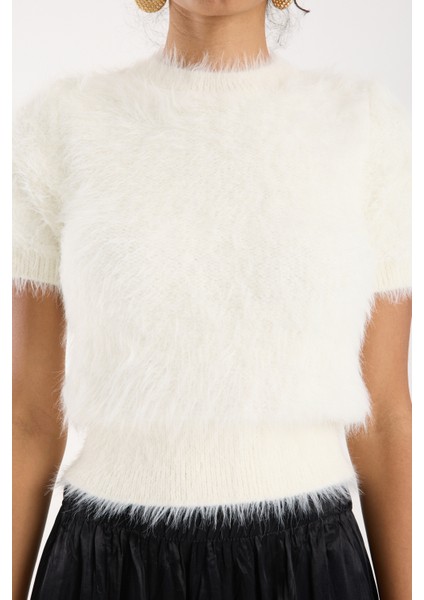 Kadın Ekru Sakal Iplik Kısa Kollu Bisiklet Yaka Triko Kazak fırsatları