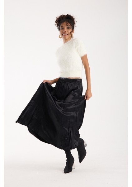 Kadın Ekru Sakal Iplik Kısa Kollu Bisiklet Yaka Triko Kazak