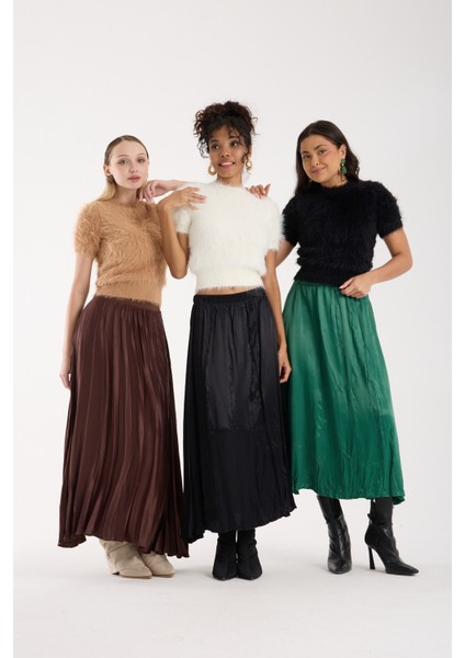 Kadın Ekru Sakal Iplik Kısa Kollu Bisiklet Yaka Triko Kazak