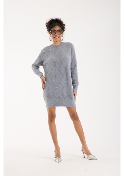 Kadın Gri Sakal Iplik Taş Detaylı Bisiklet Yaka Triko Kazak modelleri