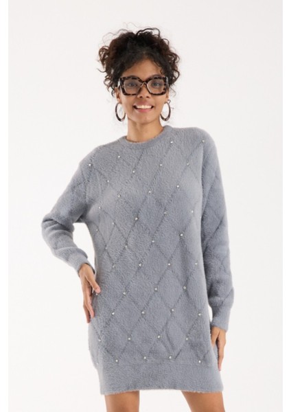 Kadın Gri Sakal Iplik Taş Detaylı Bisiklet Yaka Triko Kazak