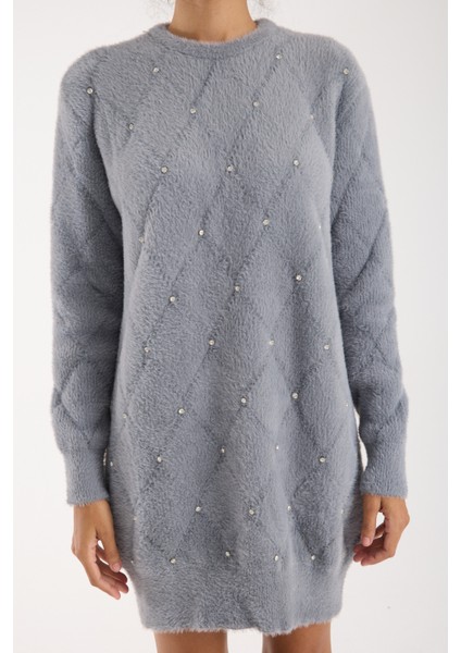 Kadın Gri Sakal Iplik Taş Detaylı Bisiklet Yaka Triko Kazak