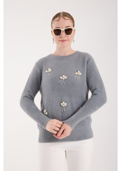 Kadın Gri Sakal Iplik Önü Aksesuarlı Bisiklet Yaka Triko Kazak fiyatları