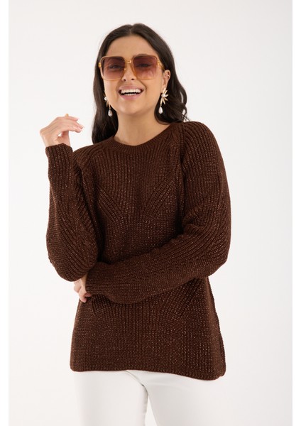 Kadın Acı Kahve Selanik Örgü Reglan Kollu Bisiklet Yaka Simli Triko Kazak