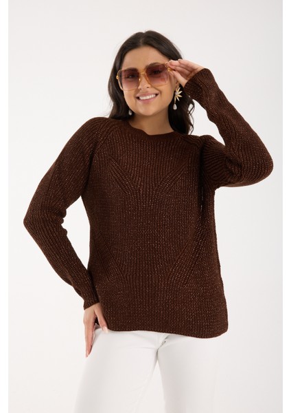 Kadın Acı Kahve Selanik Örgü Reglan Kollu Bisiklet Yaka Simli Triko Kazak fiyatları