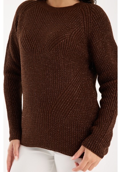Kadın Acı Kahve Selanik Örgü Reglan Kollu Bisiklet Yaka Simli Triko Kazak modelleri