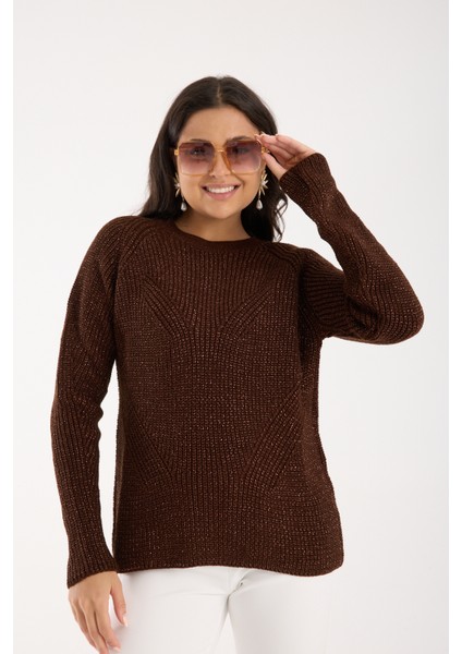 Kadın Acı Kahve Selanik Örgü Reglan Kollu Bisiklet Yaka Simli Triko Kazak fırsatları