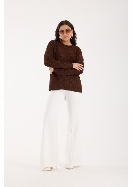 Kadın Acı Kahve Selanik Örgü Reglan Kollu Bisiklet Yaka Simli Triko Kazak