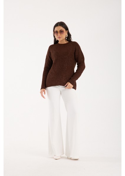 Kadın Acı Kahve Selanik Örgü Reglan Kollu Bisiklet Yaka Simli Triko Kazak