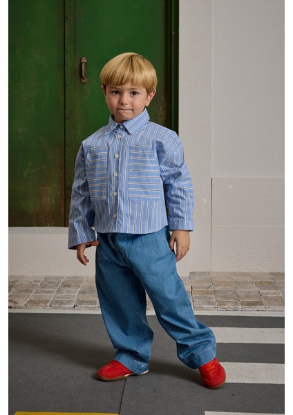 Çizgili Kanguru Cepli Gömlek Mavi