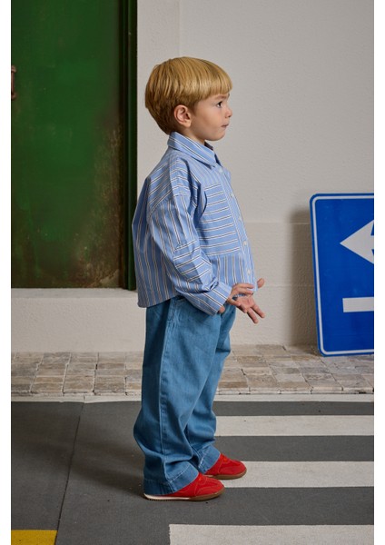 Çizgili Kanguru Cepli Gömlek Mavi modelleri